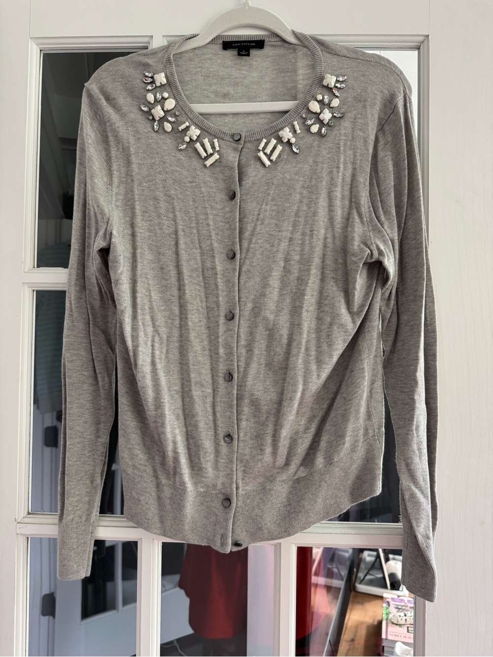 Ann Taylor Gray Embellished Button-Down Cardigan